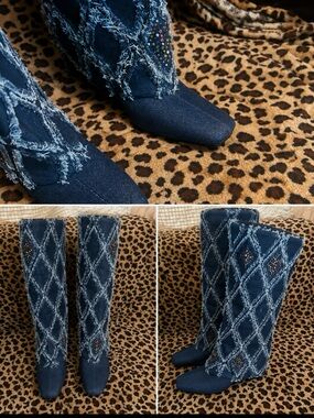 Cape Robbin Navy Denim Frayed Knee-High Heeled Boots with Multicolor Studs